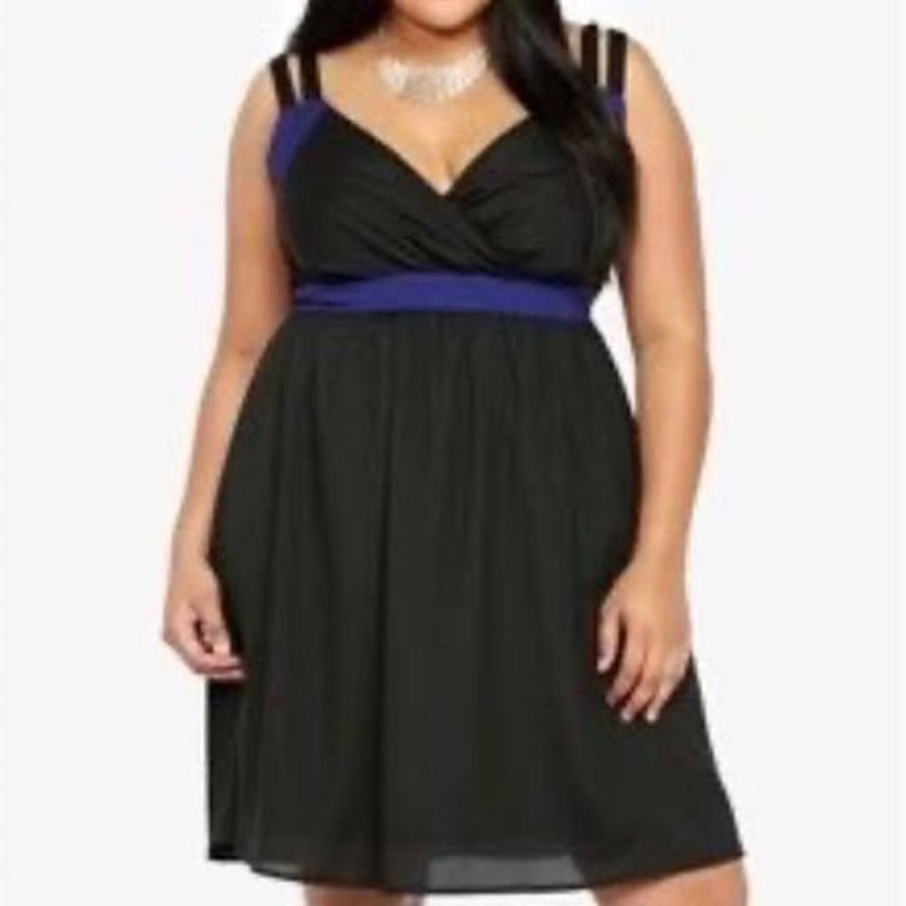Torrid black satiny crossover double strap size 12 dress with blue sash
